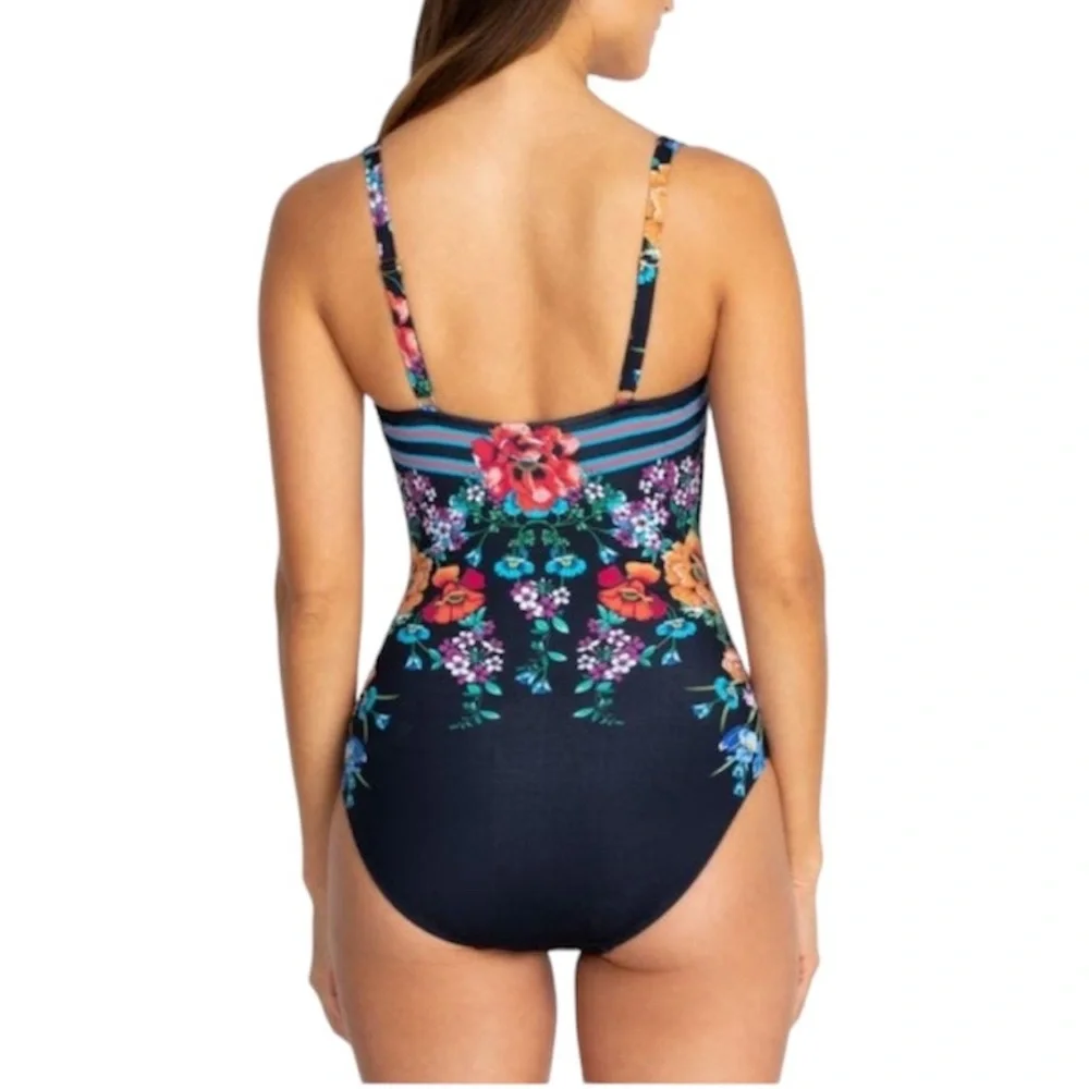 JOHNNY WAS Fay Floral Boho Black One Piece Swimsuit NEW Size XS
